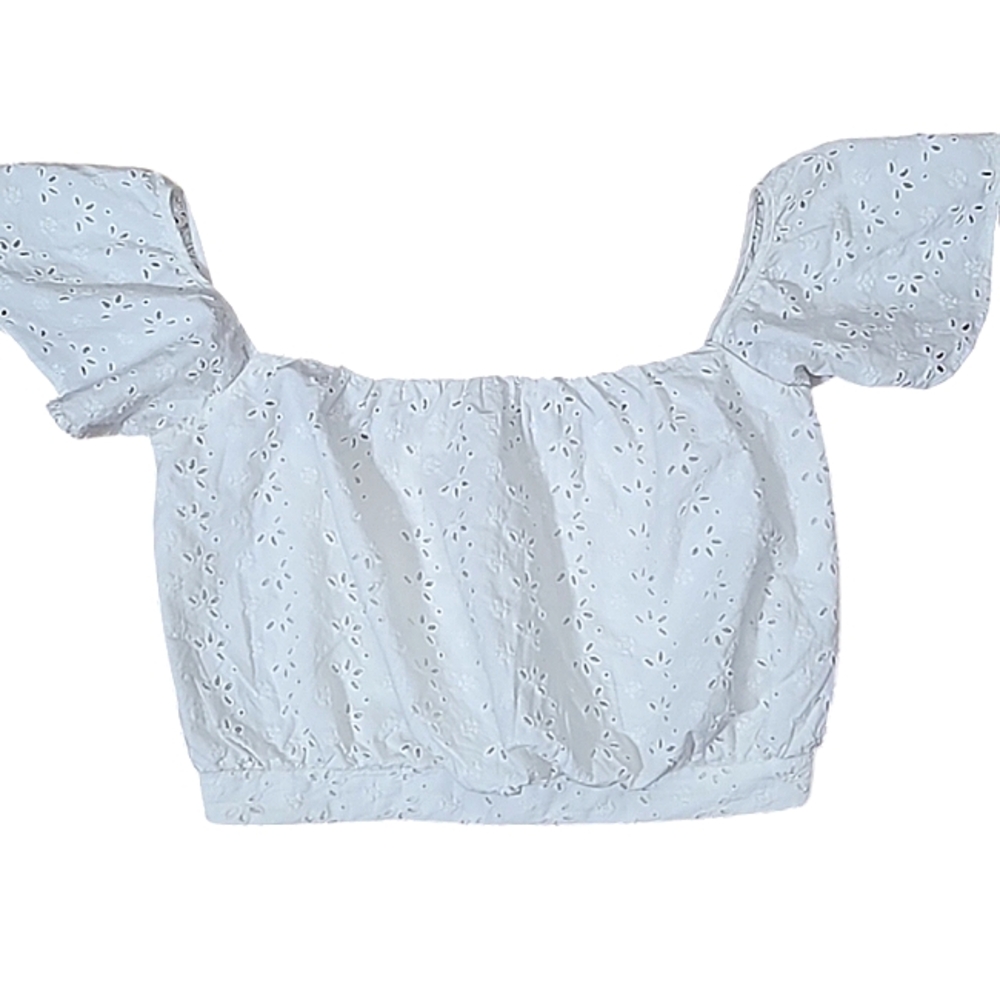 Amuse Society White Eyelet Crop Top Flutter Sleeves Smocked Back Size Medium